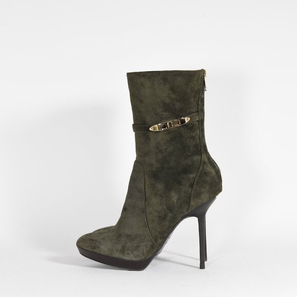 Burberry Olive Suede Ankle Boots with Gold Accents Size 37.5 Stiletto Heel - Picture 6 of 14